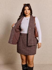 Elaquor Plus Size Women Plaid Tweed Two Piece Set,Double-Breasted Sleeveless Jacket & Mini Skirt,Burgundy,Summer,Elegant,Office,Back-To-School Blazer Vest Set - Coffee Brown - View 5
