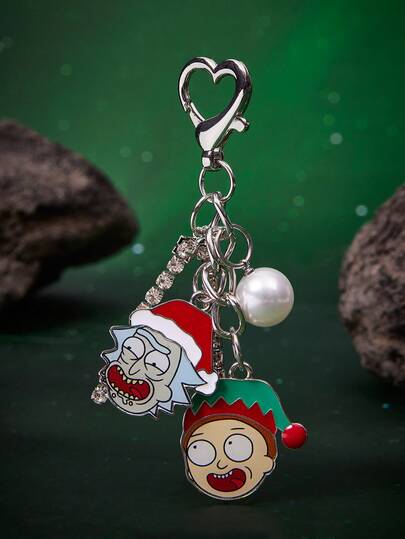 Rick and Morty X SHEIN Llavero de aleación de zinc con forma de corazón y diseño de gota de aceite, estilo casual de lujo para parejas, también adecuado para decorar bolsos, apto para fiestas, conciertos y festivales
