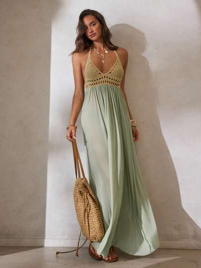 Aloruh Women's Spring & Summer New Crochet & Mesh Patchwork Deep V Neck Sexy Elegant Dress, For Ladies Vacation Outfit Beach Outfits For Woman Beach Dress Beach Vacation Outfits Sage Green Dress Summer Dresses For Women