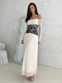 Aloruh 女士秋冬婚礼派对礼服，露肩俏皮蕾丝拼接撞色A字喇叭长袖礼服 - 杏色 - 查看 4