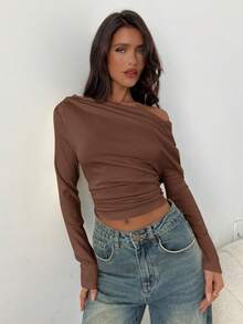 Aloruh Áo thun nữ dáng rộng bất đối xứng, áo thun trơn màu thắt nút xoắn, mặc đi làm hàng ngày và mặc ở nhà, áo thun dệt kim dài tay họa tiết lưới hoa - màu nâu - Xem 4