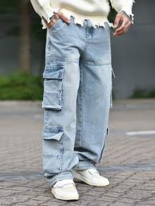 Devon Thys Men's Distressed Washed Multiple Pockets Cargo Jeans, Casual Straight Leg Pants - Mint Blue - View 6
