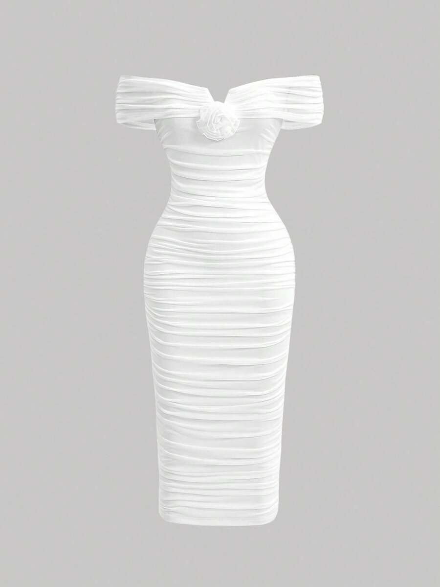 SHEIN MOD 女性白色浪漫露肩褶皺三維花卉連衣裙 - 白色 - 查看 1