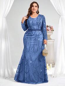 Coutiva 大码优雅华丽亮片刺绣V领长袖珍珠水钻设计秋冬连衣裙，适合日常穿着、派对、晚宴、婚礼宾客等场合。 - 藍色 - 查看 6