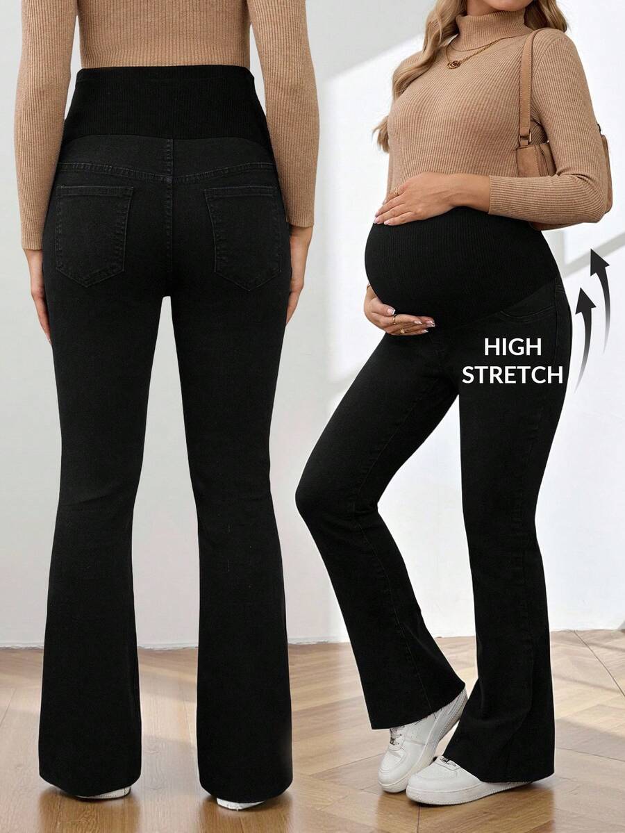 SHEIN Women's High Waist Flare Casual Versatile Jeans Winter Christmas New Year Thanksgiving Commuting Vacation Graduation Chic Y2k Cute Streetwear Coquette Party Wedding Elegant Business Casual Woman Stylish Black Maternity Bell Bottoms Supportive High Waist Flare Pants For Expecting Mothers High Waist Belly Support Maternity Pants Multi-Occasion Maternity Pants Simple Stretch Design All-Day Comfort Maternity Pants - Black - View 1