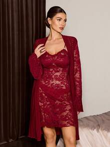 Slumberist 针织提花睡袍和性感蕾丝吊带睡衣套装 - 酒紅色 - 查看 6