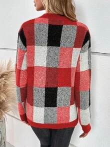 EMERY ROSE 女士圆领格子条纹宽松休闲套头毛衣 - 紅色 - 查看 2