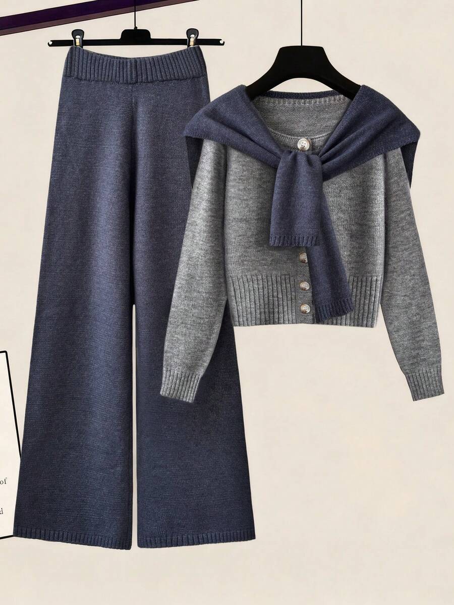 Franclia 女士时尚撞色针织两件套，简约通勤斗篷二合一圆领插肩长袖撞色修身开衫和休闲弹力腰宽松针织裤，海军蓝