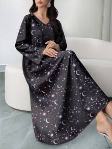 Al Najma 女士星月图案数码印花V领长袖优雅阿拉伯风格连衣裙，春秋季 - 彩色 - 查看 4