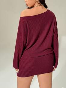 Auralis Women's Plus-Size Elegant Off-Shoulder Long-Sleeved Short Dress,Burgundy,Autumn,Smart Casual,Night Out Club Curve Outfits For Christmas & New Year - Red - View 3