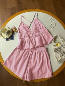 Comfortcana Bộ đồ thường ngày áo hai dây dệt màu đỏ và quần short cho nữ - Đỏ và trắng - Xem 2