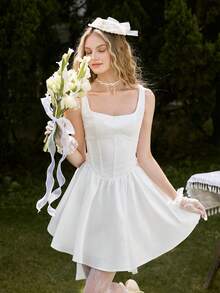 MOD Vestido corto de mujer decorado con moño rosa, vestido de mujer, ropa de mujer, vestido para fiesta de vacaciones, vestido modesto, vestido de vacaciones, - Blanco - Ver 4