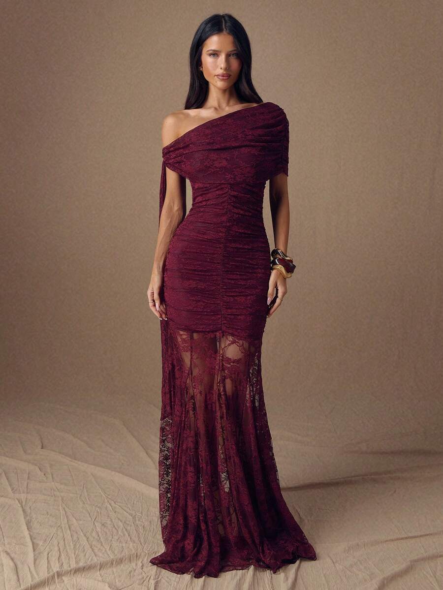 SHEIN BAE 女款優雅派對性感蕾絲不對稱領口洋裝 - 酒紅色 - 查看 1
