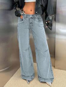 EURMUSE RueChic Low Waist Wide Leg Special Wash Jeans - Baby Blue - View 5