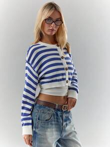 Glamine Women's Blue White Stripe Button-Up Knitted Long Sleeve Knit Top,Autumn Casual Back-To-School Cropped Nautical Sailor Preppy 70s Tops For School - Multicolor - View 5