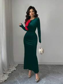 Rafferiza Vestido largo de mujer de cuello redondo, cintura ceñida y terciopelo con flores 3D para otoño/invierno, elegante para fiestas y eventos de Navidad - Verde Oscuro - Ver 3