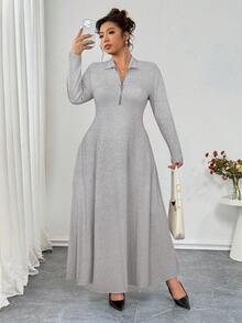 EMERY ROSE 大码柔软针织面料翻领拉链装饰长袖收腰连衣裙，休闲百搭，适合外出、聚会、约会和居家穿着。 - 淺灰色 - 查看 5