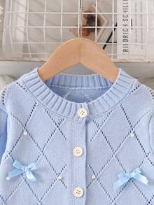 Young Girl Diamond Beaded Bow Decor Knitted Cardigan And Pleated Knit Skirt Set, Suitable For School, Outing Or Holiday Gathering - Blue - View 4