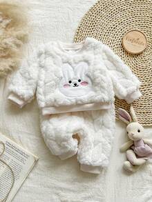 SHEIN Vintaside Kids 2pcs Baby Outfit, Cute Rabbit Pattern Sweatshirt And Fuzzy Long Pants Set, Milky White, Autumn/Winter - Pink - View 12