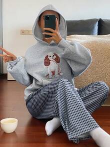 DAZY 女士狗狗印花抓绒卫衣上衣和格子睡裤套装，冬季 - 灰色 - 查看 6