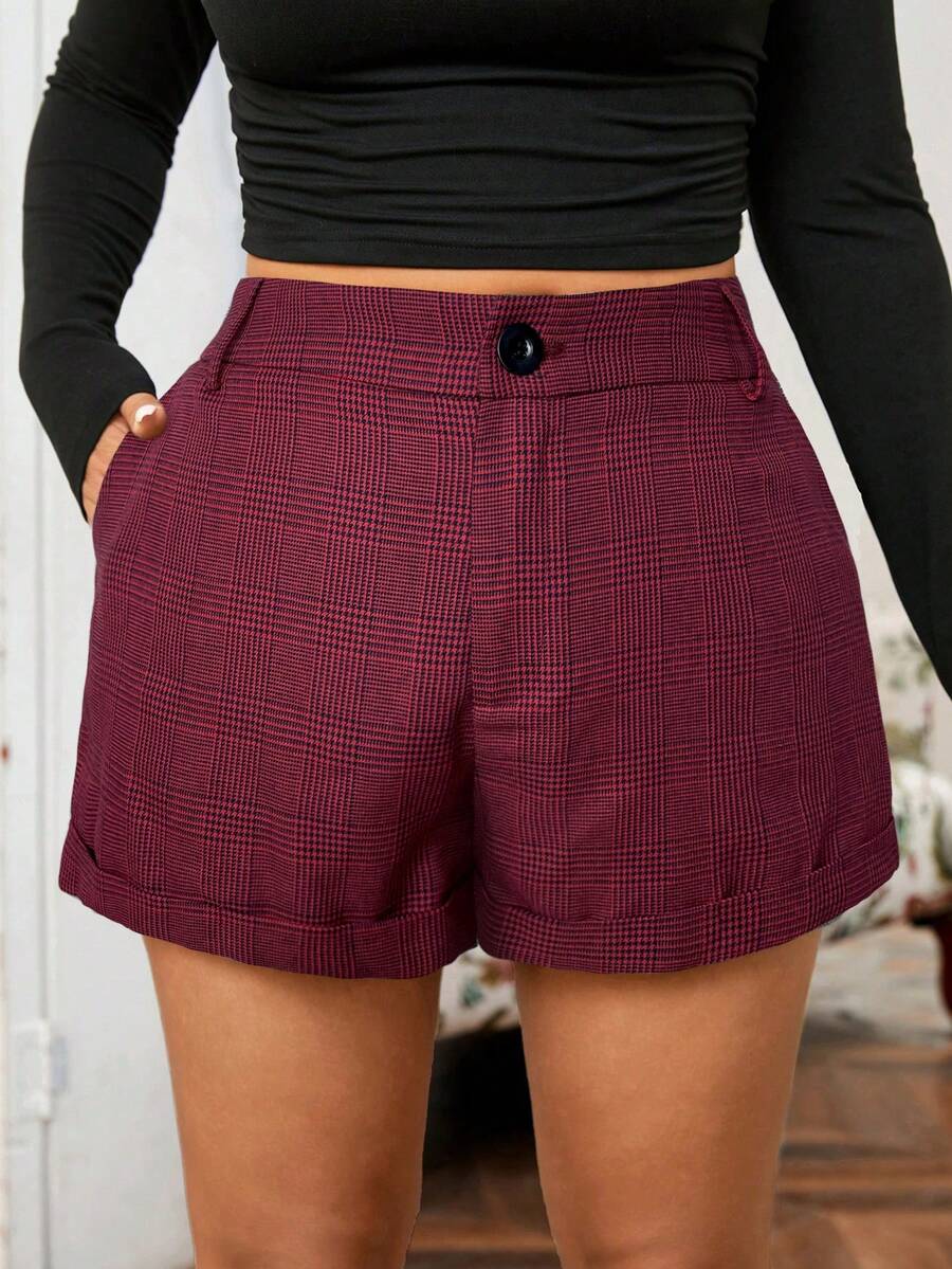 SHEIN EZwear Plus Size Spring Casual Daily Plaid Shorts With Slant Pockets Red Gingham Shorts Red Shorts For Women Burgundy Shorts Red Plaid Shorts Red Checkered Shorts Autumn/Winter,Christmas,New Year,Thanksgiving,Party,Wedding,Beach,Graduati,Chic,Elegant,Casual,Going Out,Date,Appointment,Commute - Burgundy - View 1