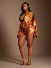 Radiana Plus Size Women's Rust Orange Marble Tie-Dye Mesh 3Pcs Set,Summer,Elegant,Vacation,Wedding Ninang,Holiday Beach Bikini Cover Up Shorts Outfit Fall - Multicolor - View 4