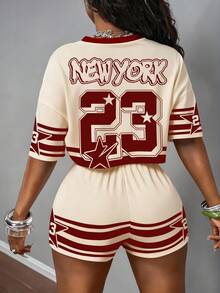 Slaydiva 两件套女士休闲运动街头风圆领短袖T恤和短裤，宽松雪花图案T恤套装 - 彩色 - 查看 2