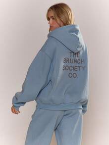 MUSERA 印花连帽衫运动套装上衣，秋季舒适套头衫，可爱休闲外出冬季圣诞节两件套家居服，舒适咖啡俱乐部 - 藍色 - 查看 2