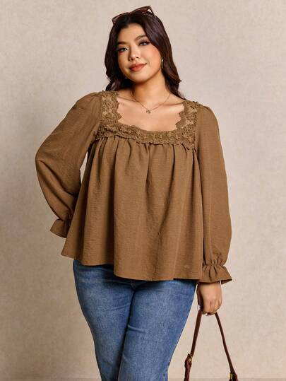 Elaquor 大码女式纯色撞色蕾丝长袖褶皱宽松衬衫 春季女装/春假