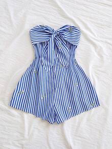 Soleia 女士春夏度假嘉年华邮轮水彩印花扭结露背连体裤，宽松版型，适合派对、约会、情人节、叠穿 - 藍白色 - 查看 6