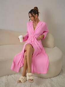 HautHeat Women's Solid Color Long Sleeve Belted Casual Robe - Pink - View 4