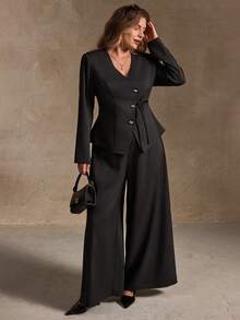 SHEIN LUNE 秋冬两件套加大码女式不规则金属扣肩带开衩背心裤套装，秋冬女士办公室穿搭，两件套女装，优雅老钱风女装 - 黑色 - 查看 4