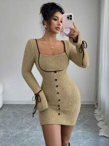 Modelyn Women's Butterfly Tie Elegant Short Dress, Autumn/Winter - Khaki - View 4