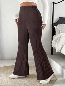 SHEIN EZwear 大码棕色高腰修身罗纹喇叭裤 - 棕色 - 查看 4
