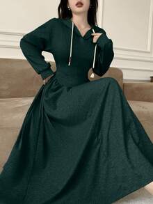 Modelyn 女士休闲连帽抽绳修身灰色卫衣，秋冬款 - 墨綠色 - 查看 3