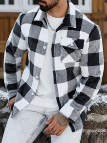 Manfinity CasualCool 男士格子印花口袋前开襟纽扣休闲长袖衬衫 - 黑與白 - 查看 5