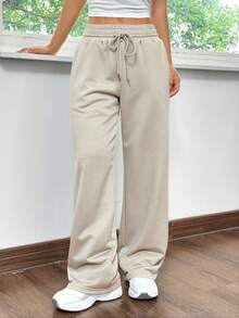 SHEIN EZwear 女士针织休闲宽松直筒运动裤，杏色 - 杏色 - 查看 5