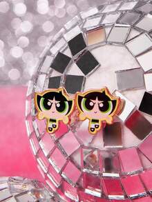 THE POWERPUFF GIRLS X SHEIN 1对时尚可爱卡通元素耳钉，奢华小众，适合派对、音乐会/节日等场合 - 金色 - 查看 3