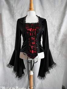 Sunspun Blusa de manga larga con cintura ceñida, dobladillo asimétrico y detalles de encaje en contraste de color para mujer de talla grande - Multicolor - Ver 1
