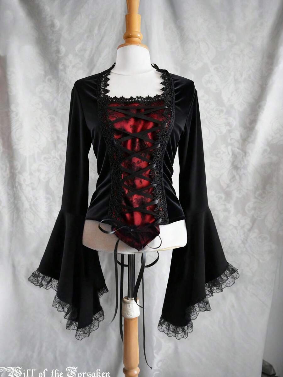 Sunspun Blusa de manga larga con cintura ceñida, dobladillo asimétrico y detalles de encaje en contraste de color para mujer de talla grande - Multicolor - Ver 1
