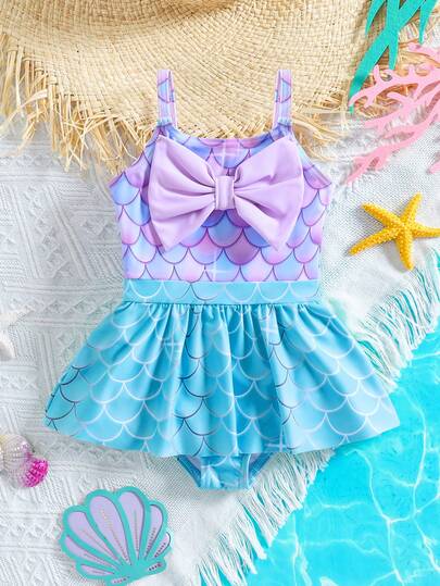 SHEIN Babygirl Cute Summer Mermaid Print Casual Knit Bow Splice Color Strap Romper Swimsuit