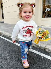 SHEIN 女童甜美草莓印花圆领长袖上衣搭配经典牛仔裤套装，可爱风格，适合公园、学校、与朋友外出以及日常穿着。 - 彩色 - 查看 8