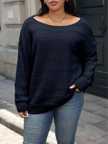 SHEIN CURVE+ 大码女式套头毛衣，宽松圆领针织衫，休闲舒适风格，适合秋冬季、万圣节、圣诞节、返校季穿着。 - 寶藍色 - 查看 5