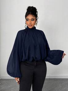 Maweii Áo cánh tay đèn lồng cổ cao màu trơn cỡ lớn thanh lịch cho nữ - Màu xanh hải quân - Xem 4