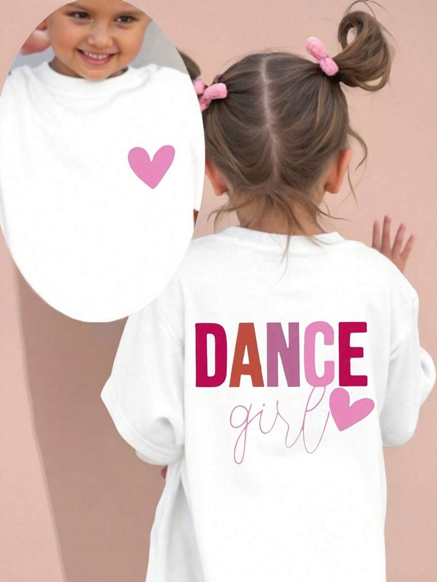 SHEIN Young Girl Casual Comfortable Stylish Heart & Letter "DANCE Girl" Graphic Cute Summer Short Sleeve T-Shirt - White - View 1