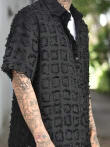 Devon Thys 男士黑色格紋襯衫，流蘇修飾，高端時尚的美式毛邊襯衫 - 黑色 - 查看 3