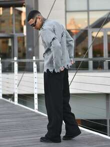 Devon Thys 男士街头时尚字母刺绣破洞百搭针织毛衣，秋冬 - 灰色 - 查看 5