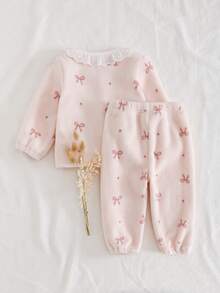 两件套女婴抓绒睡衣套装，可爱蝴蝶结领荷叶边甜美公主风儿童冬季开衫和裤子家居服