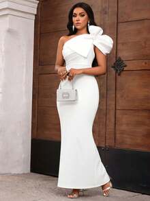 SHEIN Lady Black & White Contrast Bow Accent Long Formal Dress - White - View 5