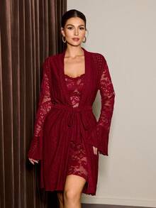 Slumberist 针织提花睡袍和性感蕾丝吊带睡衣套装 - 酒紅色 - 查看 5